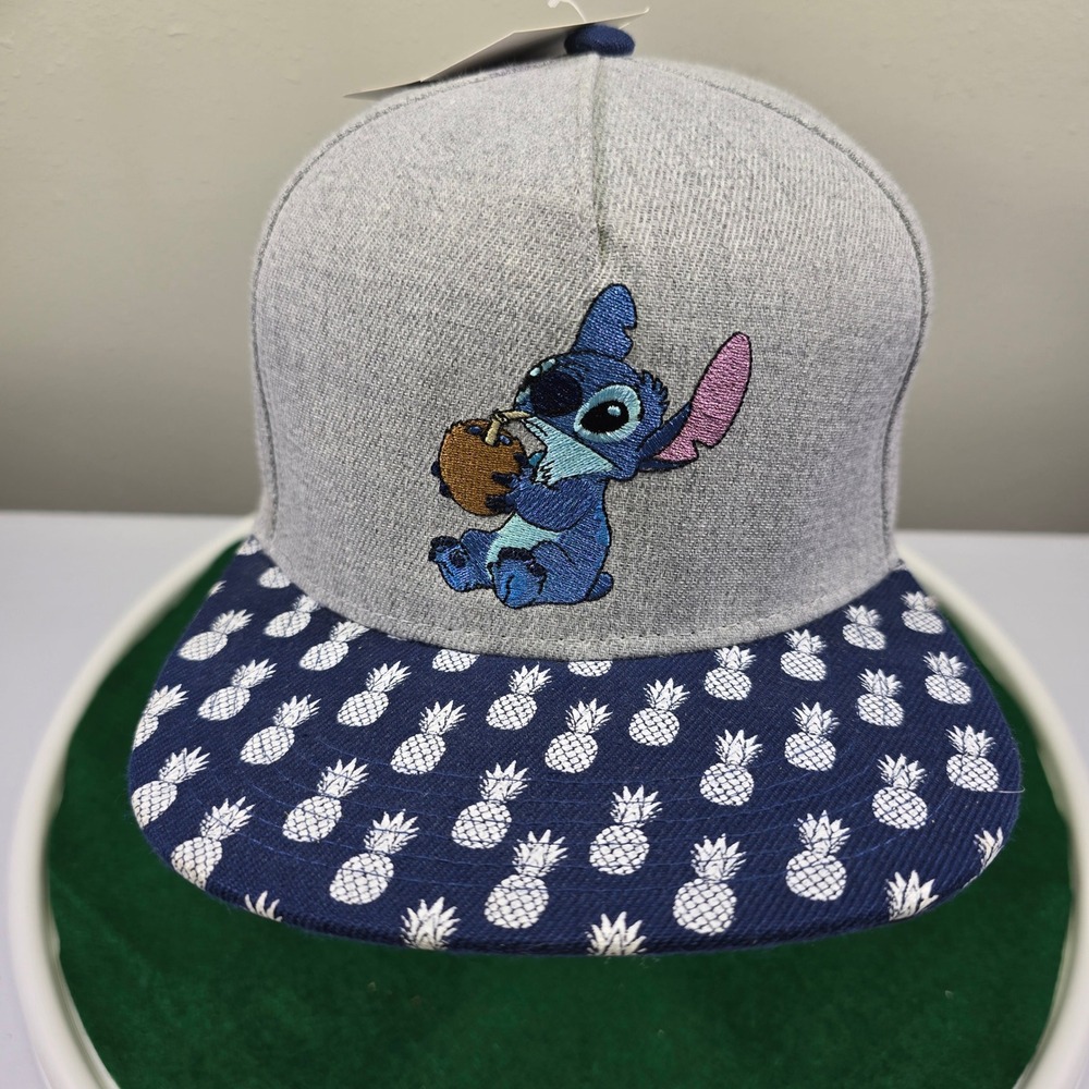 Disney Stitch Kids Snapback Hat Gray‎ Pineapple Print Flat Bill Adjustable Cap